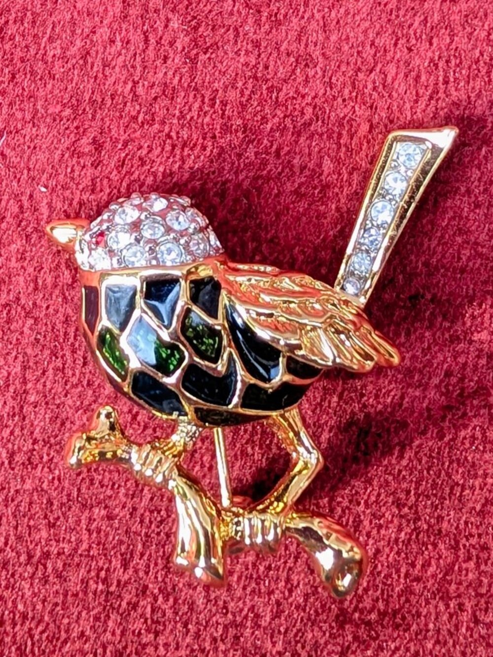 Vintage Pave Rhinestone & Green Enamel Bird on a Branch Brooch
